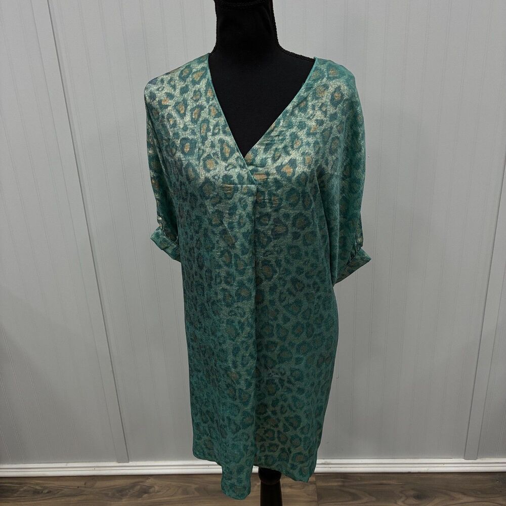 Umgee Womens Medium Green Gold Metallic Leopard V-Neck Tunic Dress K0497